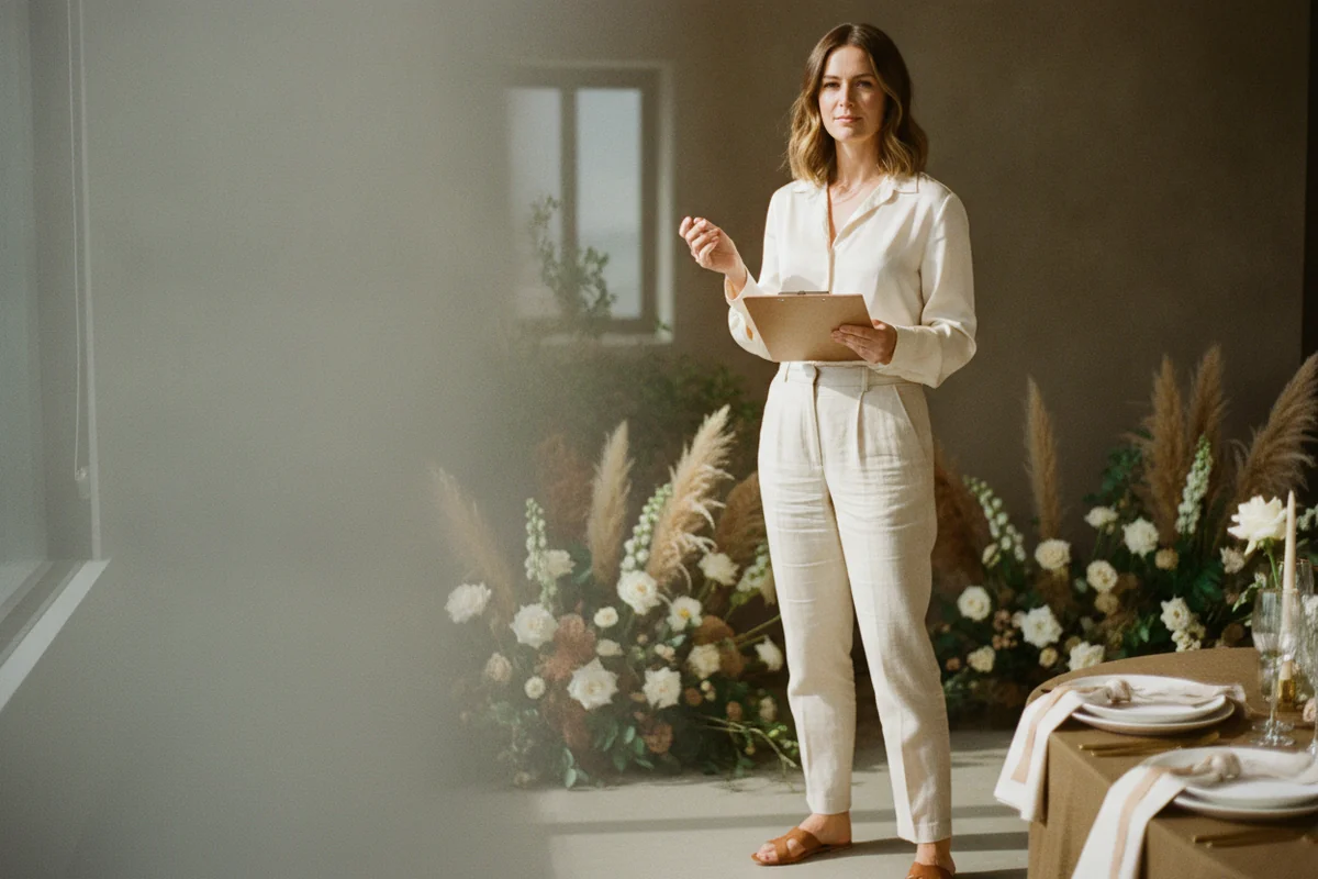 An event planner with a clipboard coordinating final touches at a beautifully set event