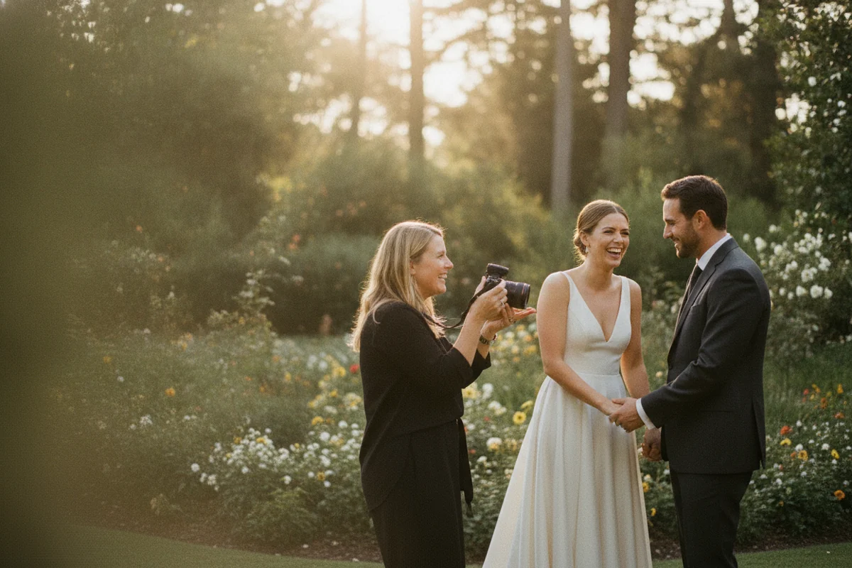 A wedding photographer directing a joyful couple during a golden hour portrait session