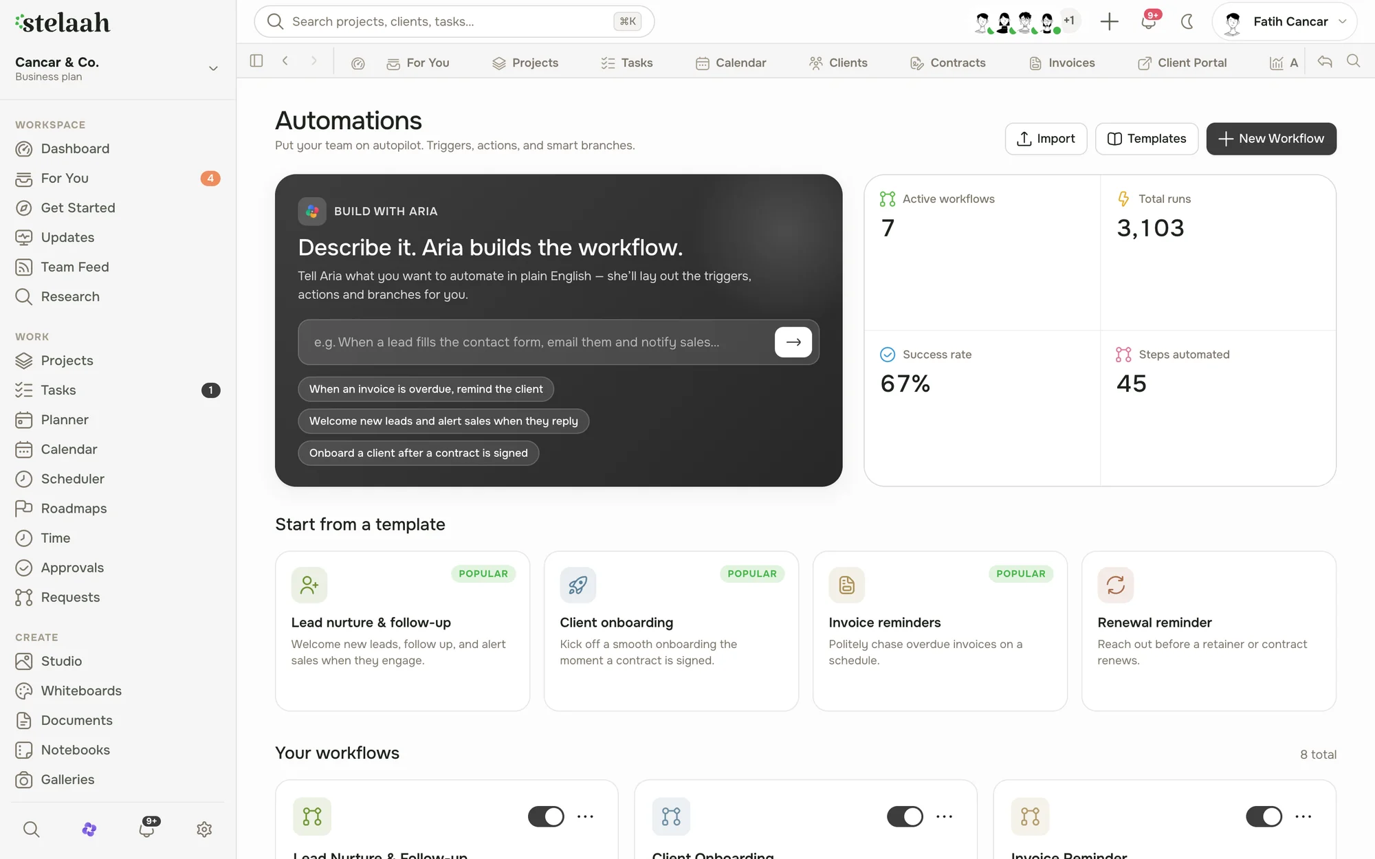 Aria creating a task with a confirmation and undo