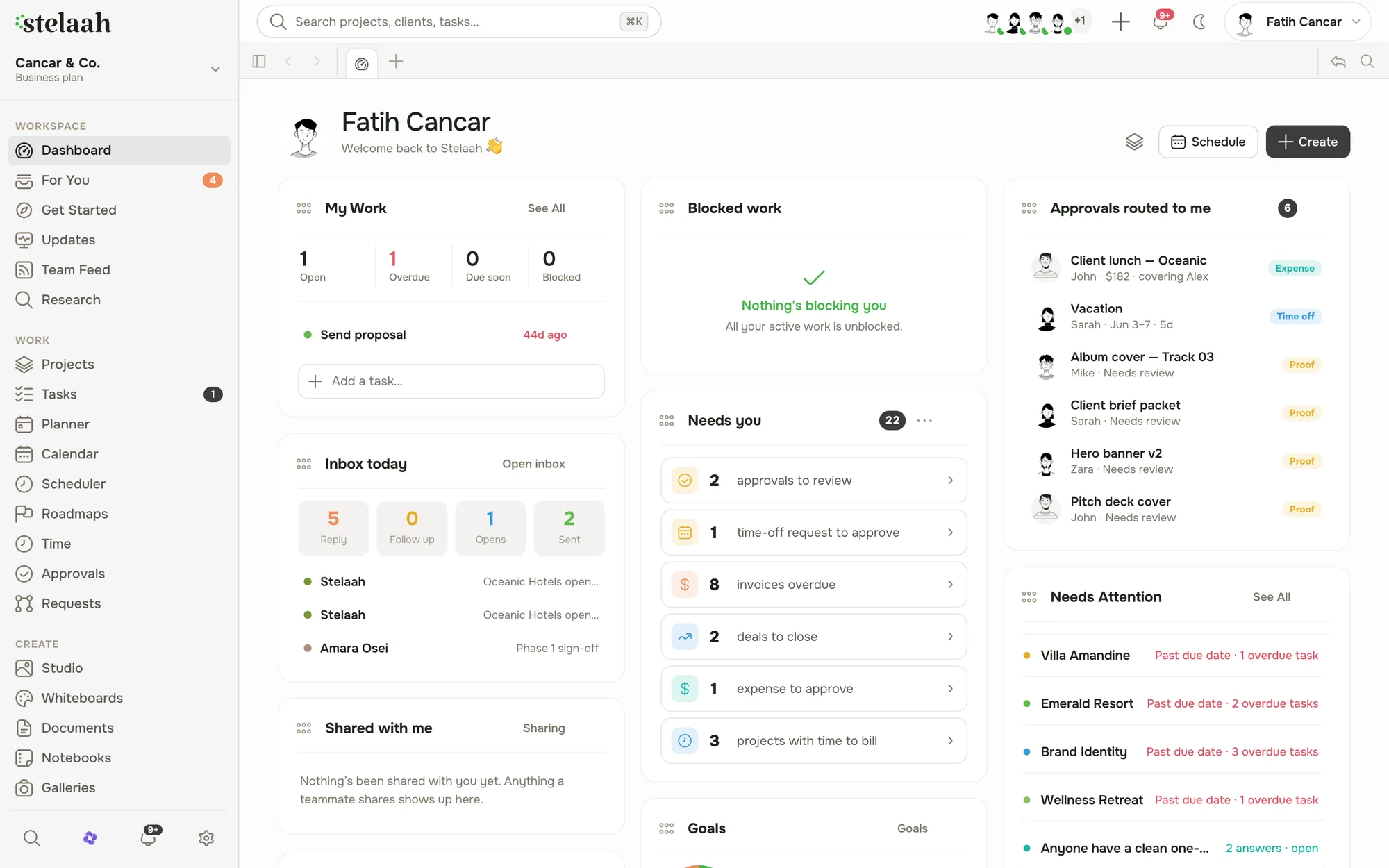The Stelaah dashboard: the Aria daily briefing, today's tasks, approvals routed to you, and active projects