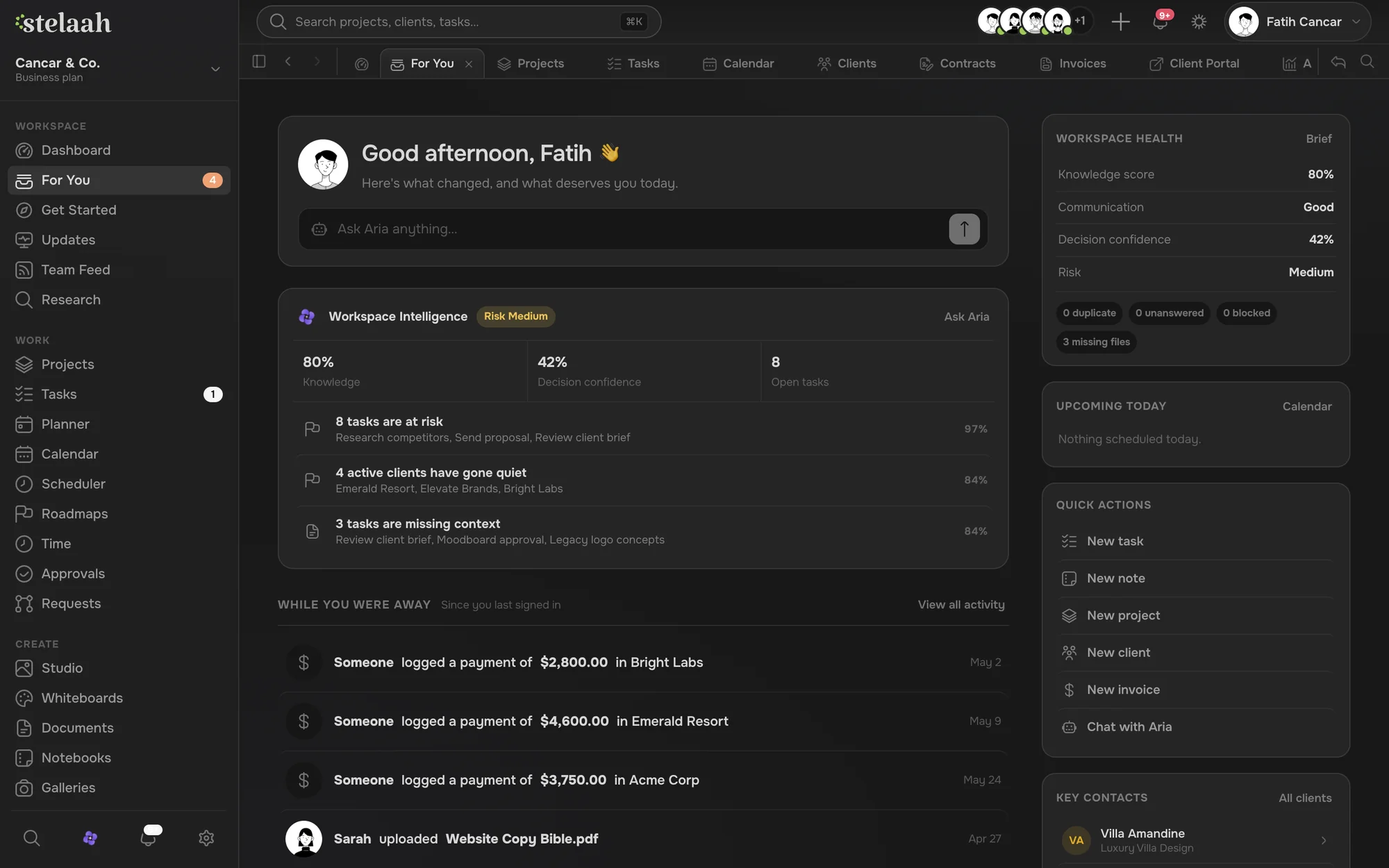 For You in dark mode: Aria's daily digest with workspace intelligence, tasks at risk, and payments logged