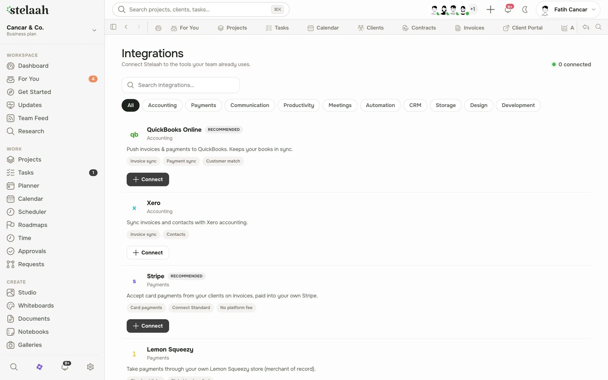 an integrations page showing connected tools