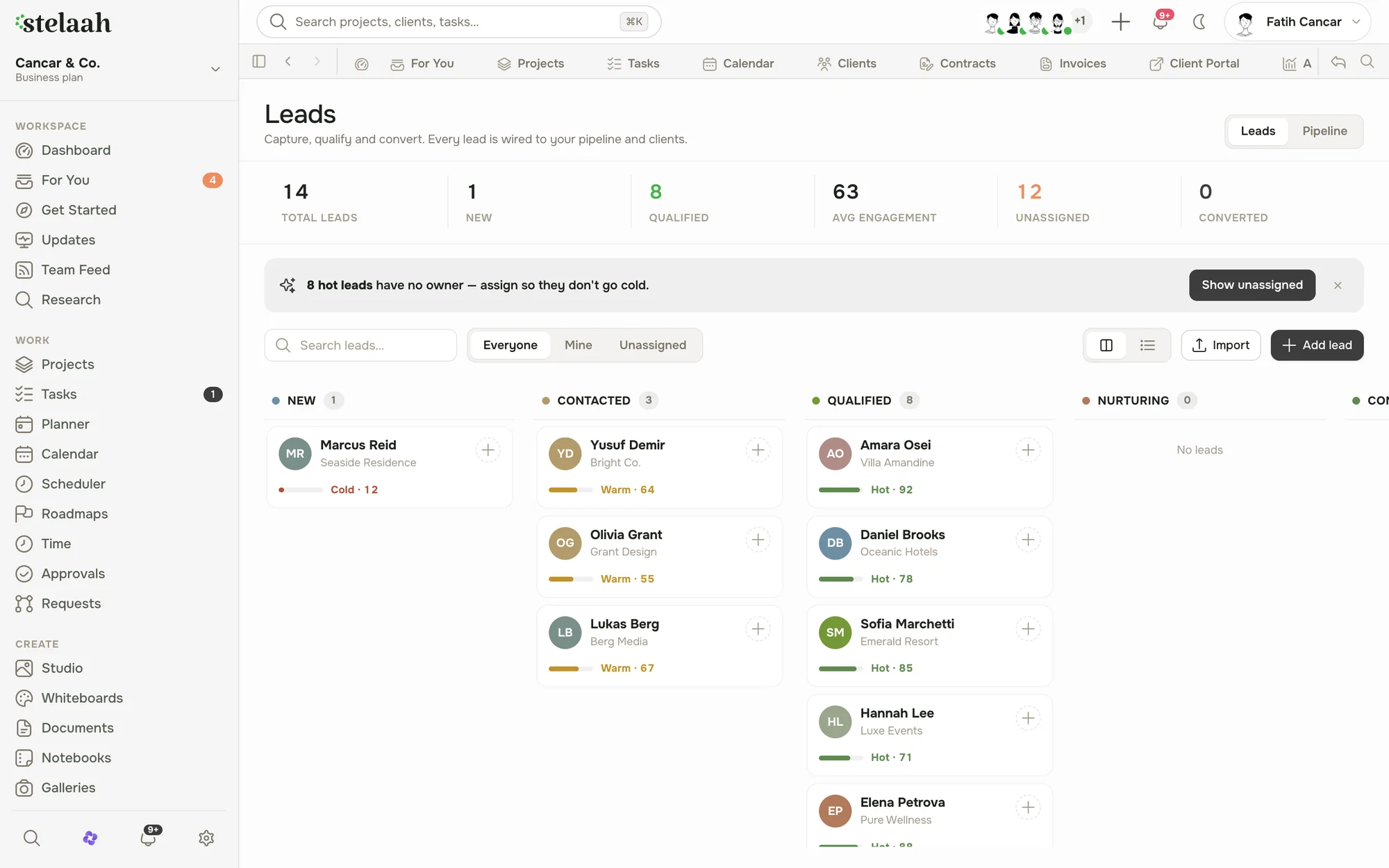 a sales pipeline showing leads across stages