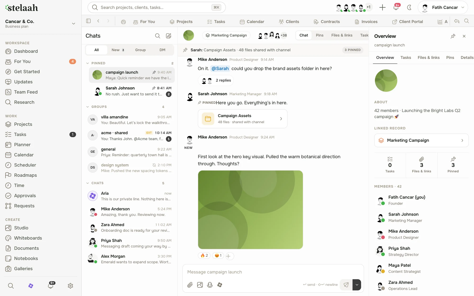 a team chat with channels and a pinned message