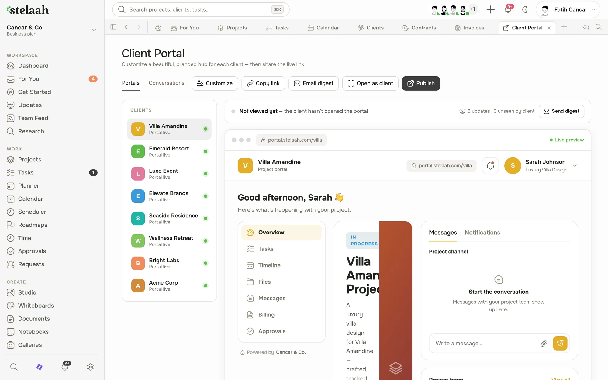The Client Portal manager with a live branded preview of a client's project home