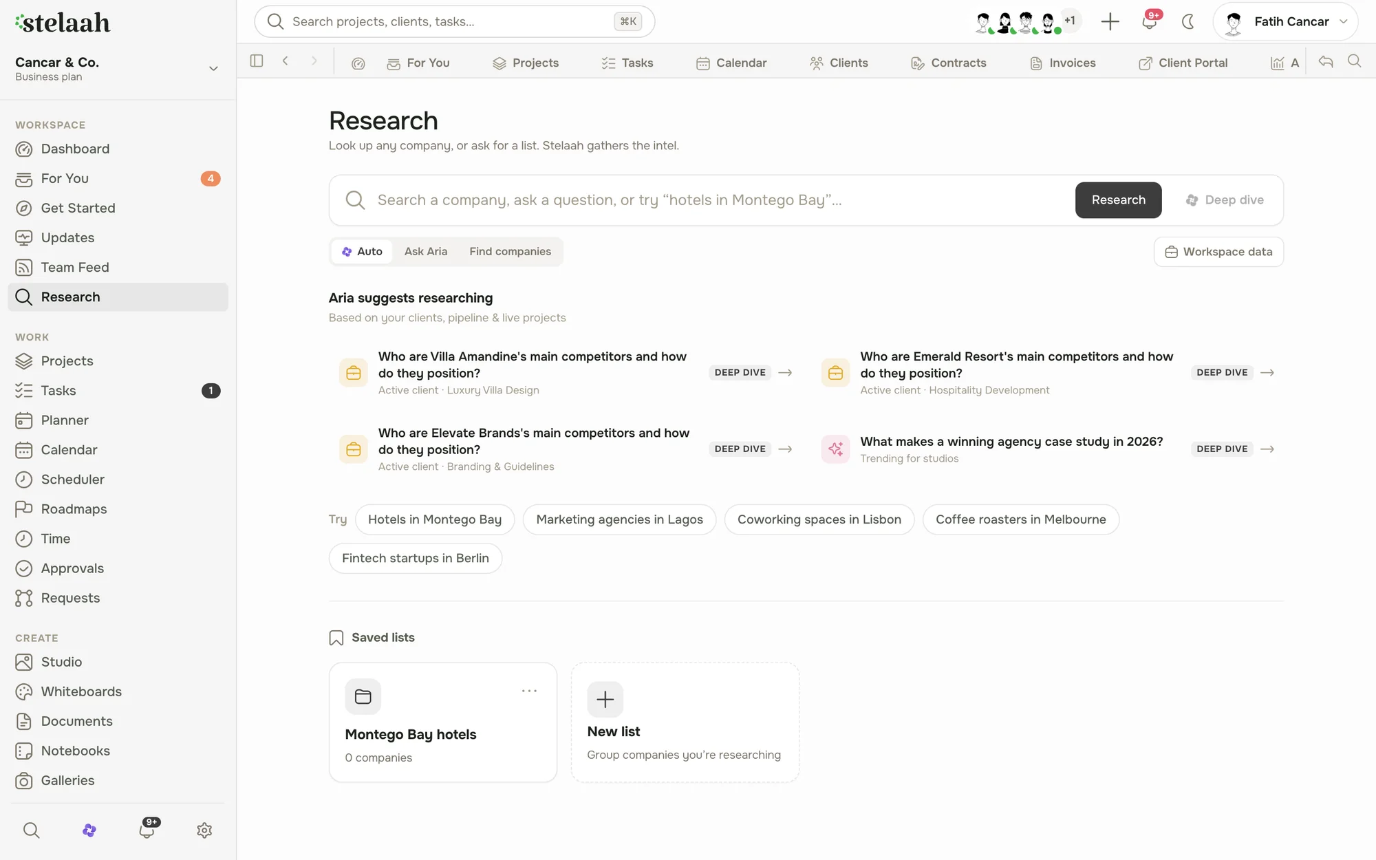 a research view showing a company's real profile links