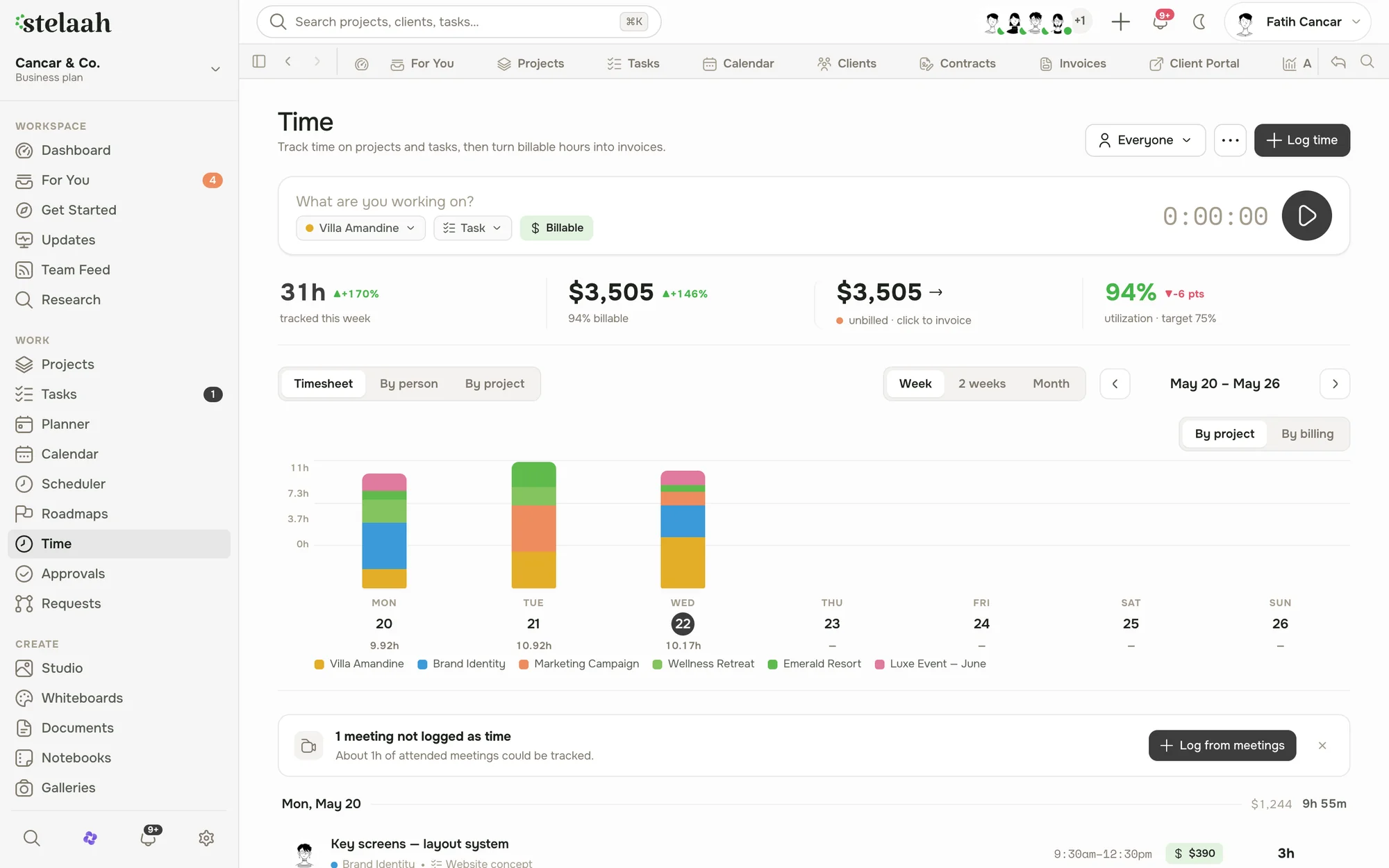 a time tracking view with a running timer and the week's hours